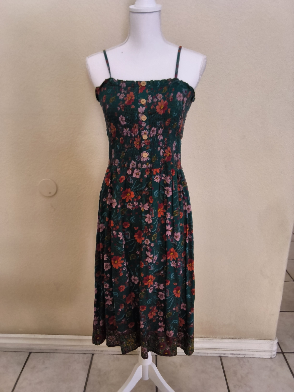Angie Green Floral Smocked Midi Dress with Spaghetti Straps